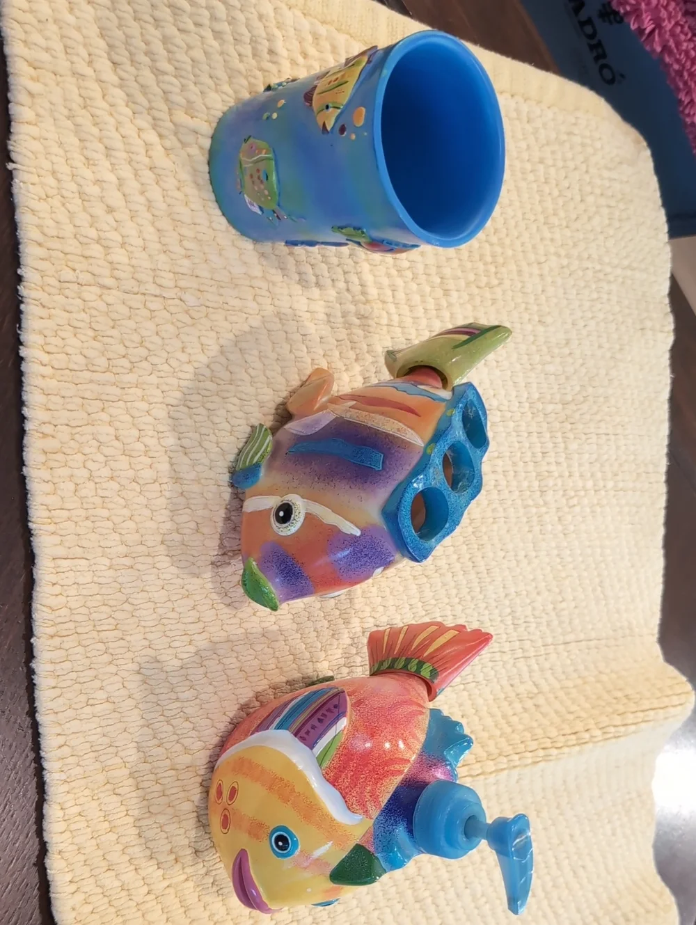 3 piece Set- Tropical Colorful Fish Soap Dispenser Toothbrush Holder & Cup.